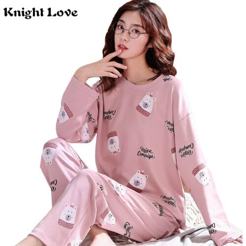 21 Color Women Pajamas Set Round Neck Ladies Cute Cartoon Printed Long Sleeve Cotton Sleepwear Female Pyjamas Home Clothes