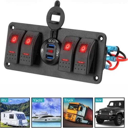 4 Gang Car Switch Panel LED Digital Voltmeter Dual USB Outlet Combination Circuit Control Waterproof Marine Rocker Switch Panel