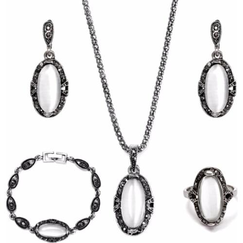 4pcs/set vintage women wedding cat eye crystal jewelry sets natural stone oval necklace bracelets earrings ring set lover gifts