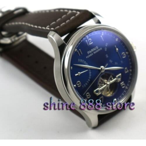 43mm Parnis watch power reserve deployant clasp blue dial date 2505 Automatic Self-Winding movement Mens watch
