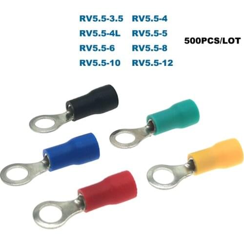 500Pcs Crimp Terminals Ring Insulated Electrical Wire Connector RV5.5-3.5/4/5/6/8/10/12 Brass Cable Ferrules 4-6mm2 12-10AWG 48A