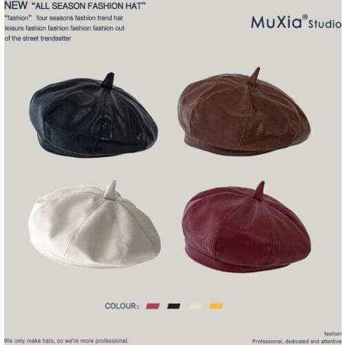 2020 PU Leather Beret Hat Women Flat Cap Hats Lady Girl Berets Hat Bone Female Franch Style 90 s Girls Painter Hat
