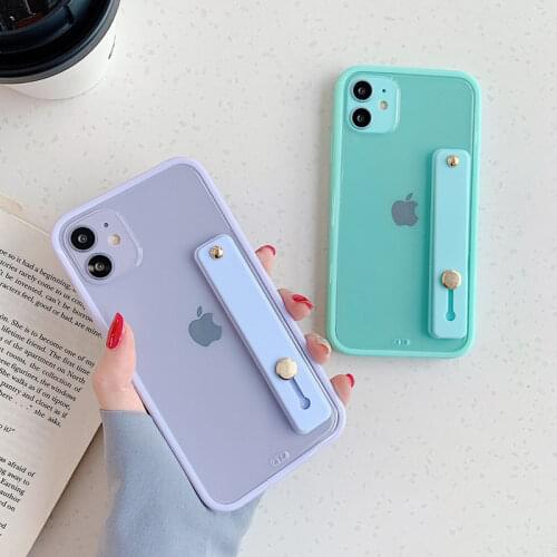 Candy Color Wrist Strap Phone Case for iPhone 12 11 Pro X XR XS Max 8 7Plus Transparent Square Bumper Holder Soft TPU Back Cover