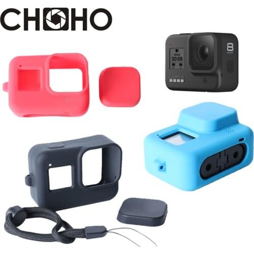 For Gopro 8 Black Protective Case Housing Soft Rubber Silicone Frame + Lens Cap + Strap Red Blue For Go Pro Hero8 Accessories