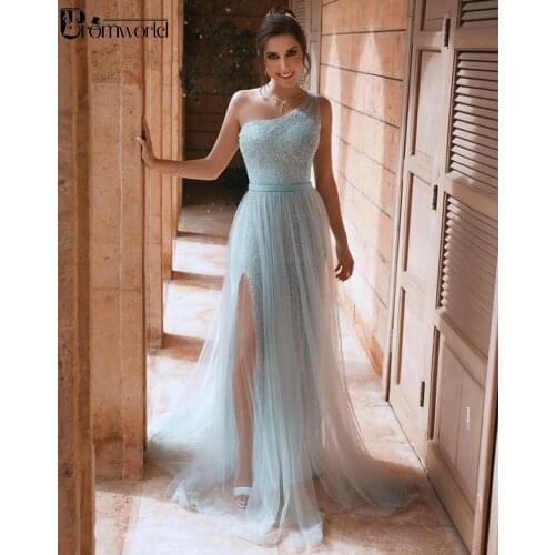 Sparkly Prom Dresses Long 2020 Bling Bling Sequin Tulle Light Blue Prom Gown One Shoulder Sexy Slit Formal Evening Party Dress
