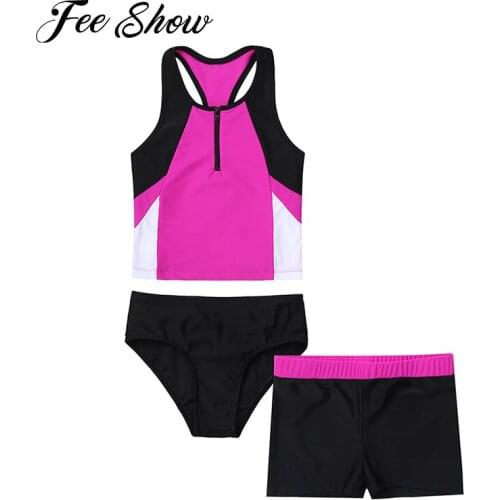 3Pcs Kids Girls Swimwear Beach Swimming Bathing Suits Round Neck Sleeveless Zipper Racer Back Tops with Briefs Shorts Set