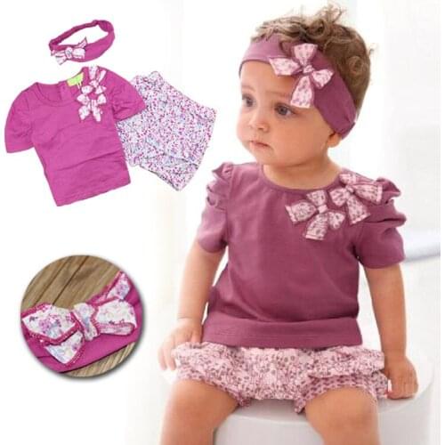 2020 Summer Girls Sets 3PCS Cute Bowknot Tops+Polka Dots Shorts+Headband Cotton Newborn Babys Clothes