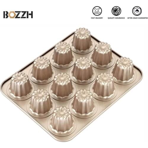 BOZZH Copper Canele Molds Cake Pan Carbon Steel 12-Cavity Non-Stick Cannelel Pans for Baking Cake