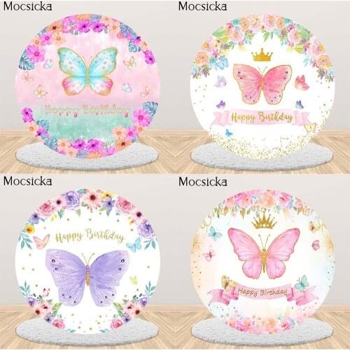 Mocsicka Pink Purple Butterfly Baby Shower Backdrop For Photo Floral Round Backgrounds Child 1st Birthday Party Photograph Booth