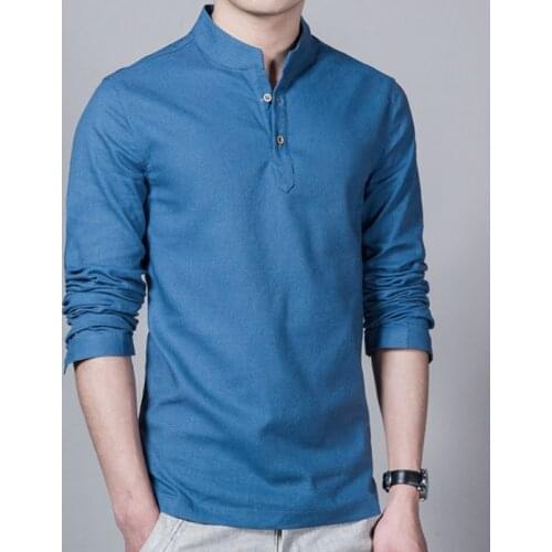 Mens brand personality pure color fashion long sleeve business casual shirt linen Chinese style mens shirts backwoods