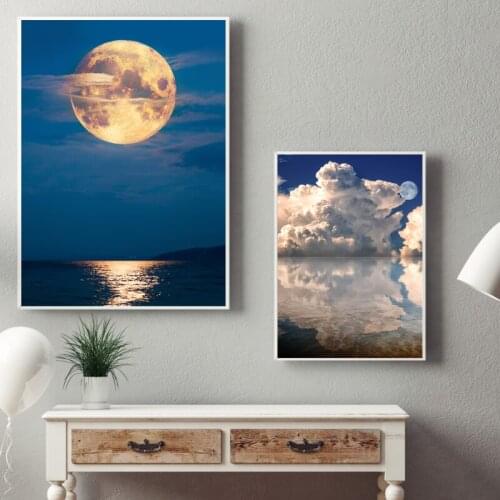 Sky Moon Clouds Canvas Painting Nordic Seascape Blue Wall Art Posters and Prints Modern Romantic Pictures Home Decor Living Room