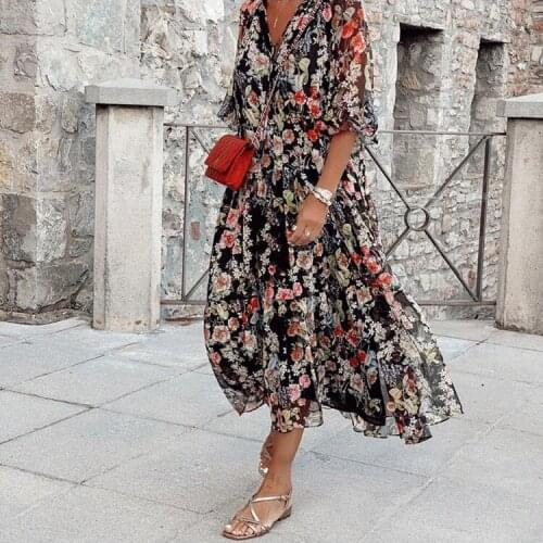 Cutubly Summer Maxi Dresses New Floral Print Club Dress Sexy Casual Half Butterfly Sleeve Deep V-neck Party Dresses Fashion