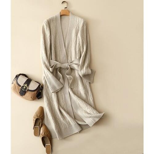 Luxury winter 100% cashmere cardigan coat long women fashion cable knitted thick outerwear with belt ladies oversized chic tops