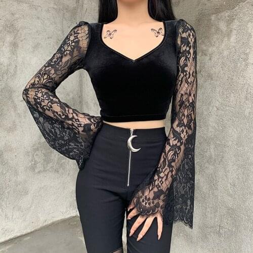Harajuku Sexy Perspective Long-sleeved Crop Top Female Autumn Elegant and Beautiful Basic Top Vintage Gothic Velvet Lace Top