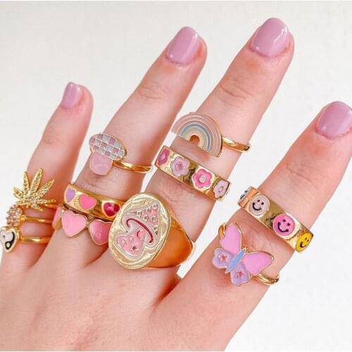 Y2K Pink Butterfly Rainbow Mushroom Smiley Rings For Women Korean Charms Heart Letter Yin Yang Rings Jewelry 90s Style Aesthetic