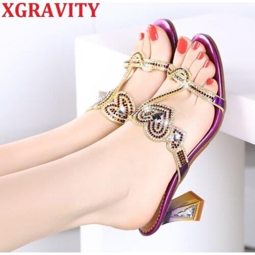 XGRAVITY New Summer Shoes Heart Designer Crystal Women Slipers Chunky High Heel Open Toe Dress Shoes Elegant Bridal Shoes B025