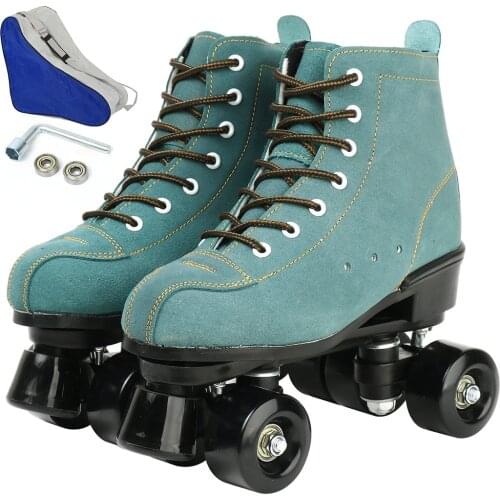 Women Cowhide Leather Roller Skates Skating Shoes Sliding Inline Quad Skates Sneakers Training Europe Size Row 4 Wheel Black