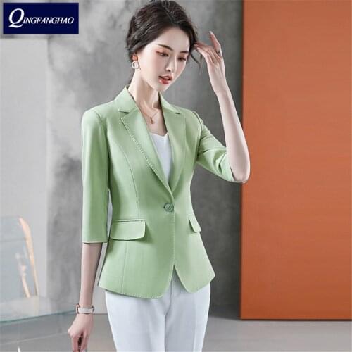 Green blazer female Korean version of the casual was thin waist Ms. professional jacket mid-sleeve