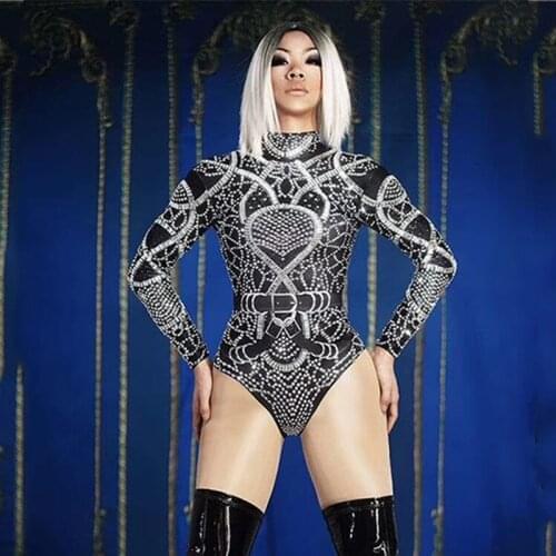 Silver Black Rhinestones Bodysuit Women Nightclub Crystals Costume Female Sexy Singer Elastic Leotard Stage Show Outfit