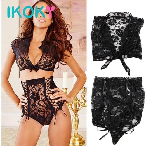 IKOKY Black Sleepwear Perspective Lace Lingerie Set Exotic Apparel Sexy Lingerie Sex Costume Underwear