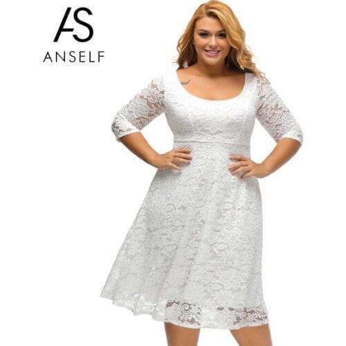 White Lace Dress Women A Line Clubwear High Waist Dress Floral O-Neck V Zipper Back Party Dresses female vestidos 5XL Plus Size