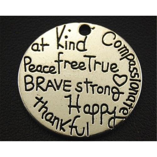 15pcs Silver Color Round Charm Carved with brave strong peace compassionate kind happy Letters DIY Jewelry Findings A1530