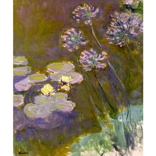 Flower framesless canvas painting masterpiece reproduction Claude Monet Water Lilies and Agapanthus, 1914-17