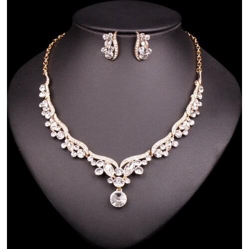Fashion Indian Bridal Jewelry Set for Brides Crystal Necklace Earrings Sets Wedding Party Bridesmaid Costume Accessories Women