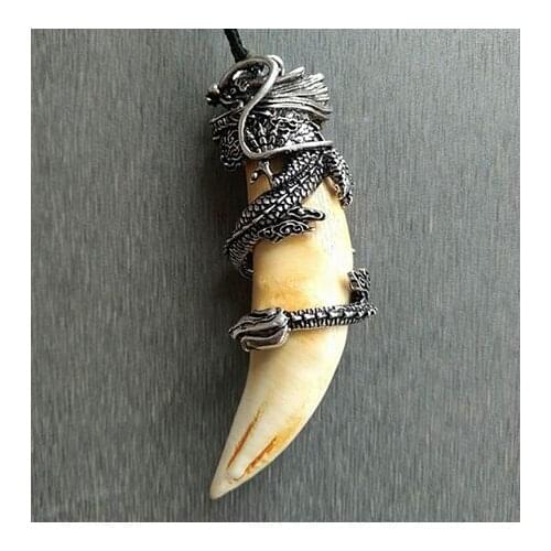 China Tibetan Silver Coiled Dragon Inlay Pendant Evil Safe Teeth Tiger Teeth