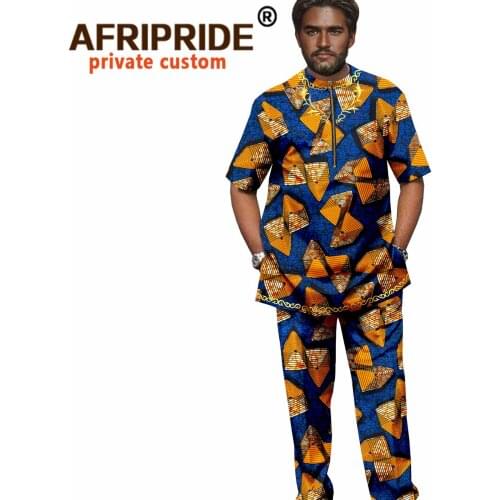 African Clothing for Men Embroidery Print Shirts and Pants Set Crop Top Blouse Wax Cotton Bazin Riche Tracksuit Clothes A2116002