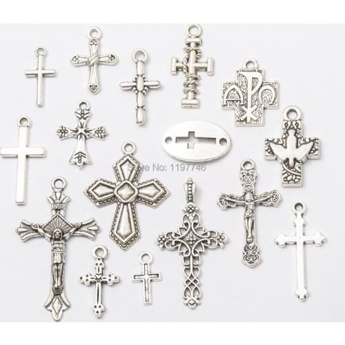 Cross Silver color 10pcs Various Jesus Cross Crosses Connector Linker Charms Pendant for DIY Jewelry Accessories Finding