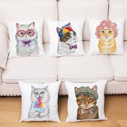 Cute Cat Print Cushion Cover Children Gift White Polyester Pillowcases Home Decor Sofa Chair Throw Pillows Cojines Decorativos