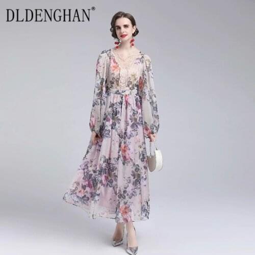 DLDENGHAN Fashion Runway Designer Autumn Chiffon Dress Women V-Neck Lantern Sleeve Flower Print Embroidery Vacation Dresses