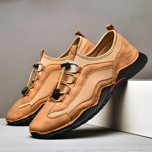 New Fashion Men Mesh Cowhide Genuine Leather Leisure Shoes Retro Elastic Band Hiking Outdoor Breathable Loafer Classic Size38-46