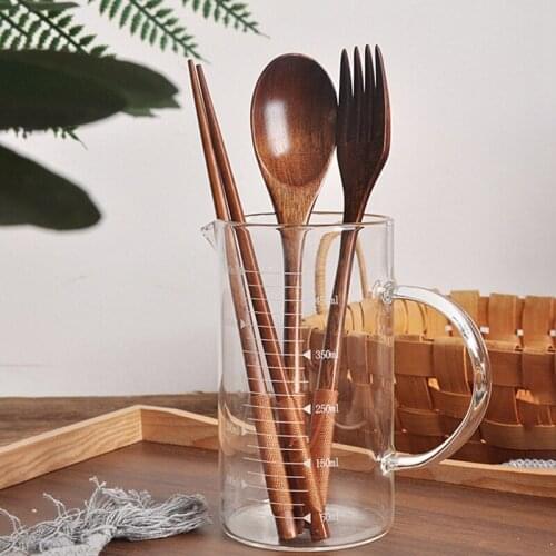 Wooden Flatware Set Wooden Portable Set Spoon Fork Chopsticks Tableware Dinnerware with Khaki Twining Thread