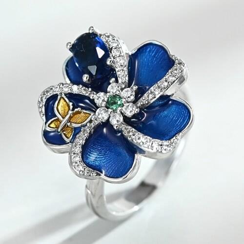 2020 New Fashion Women Jewelry Elegant Butterfly Flower Silver Wedding Rings Deep Blue Enamle Crystal Petal Rings Party Jewelry