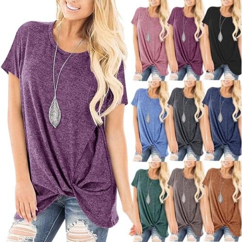 Summer Casual T-shirt Women O-Neck tangle up Loose Top Tees Solid Color Cotton Harajuku Tshirt Plus Size Womens Clothes