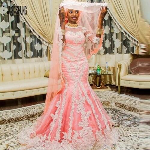 E JUE SHUNG Gorgeous Pink Mermaid Wedding Dresses High Neck Half Sleeves Lace Appliques Beaded African Muslim Wedding Gowns