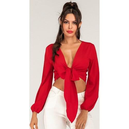 Summer Red Ladies Blouses Short Tube Top Solid Puff Sleeve Sexy Slim V-neck Womens Shirt Bow Girls Blouse Plus Size 3xl 4xl Hot