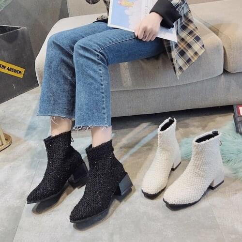 Square Toe Thick Heel Short Boot Womens Shoes Autumn Winter Fashion Cotton Boots New Boots Womens British Style Boot