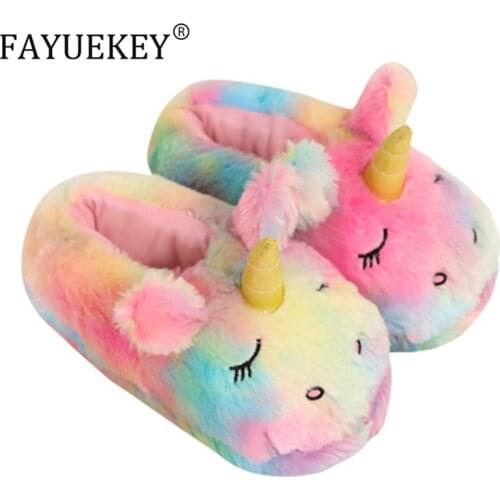 FAYUEKEY Women Cartoon Rainbow Unicorn Slippers Girls Winter Plush Warm Home Slippers Indoor Shoes Kids Slippers Cotton Shoes