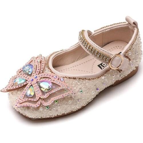 2021 New Girls Sequins Princess Shoes Rhinestone Pearl Dance Fashion Children Shoes Performance Soft-soled Flats G226
