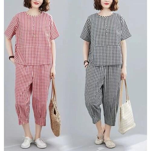 2021 New Summer Two Piece Set Middle Age Women Cotton Loose Casual Set Plaid Tops and Harem Pants Sets Female Fashion Suits L380