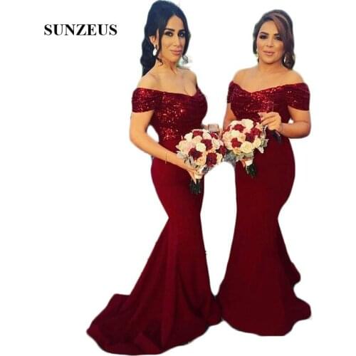 Sweetheart Off Shoulder Formal Dresses for Women Burgundy Sequins Bridesmaid Dresses Mermaid Jersey Wedding Guest Gowns SBD30