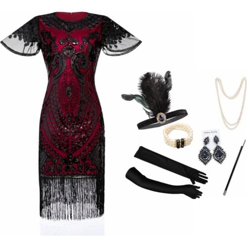 Plus Size Womens Vintage 1920s Gatsby Sequin Beaded Long Fringed Tassels Hem Flapper Dress Party Dress /Accessories Set