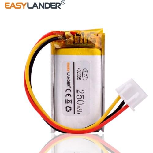 3.7V 250mAh JST XHR 2.54mm 3pin connector 402035 Lithium Polymer LiPo Rechargeable battery for GPS Mp3 registrar xiaomi dvr