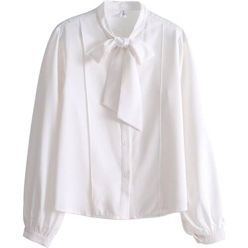 Long Sleeve White Blouse Shirts Women Blouses Blusas Mujer De Moda 2021 Blouse Women Bow V-neck Chiffon Blouse Shirt Tops D418