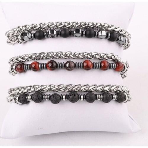 Dropship New Design Natural Stone Stainless Steel Chain Beaded Bracelet Men Jewelry Gift