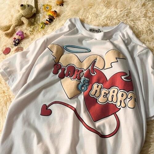 2021 Angel And Devil Printed Style Street Loose Tshirts Short Sleeve Kpop Graphic Cute Tees Round Neck Cotton Harajuku Shirts