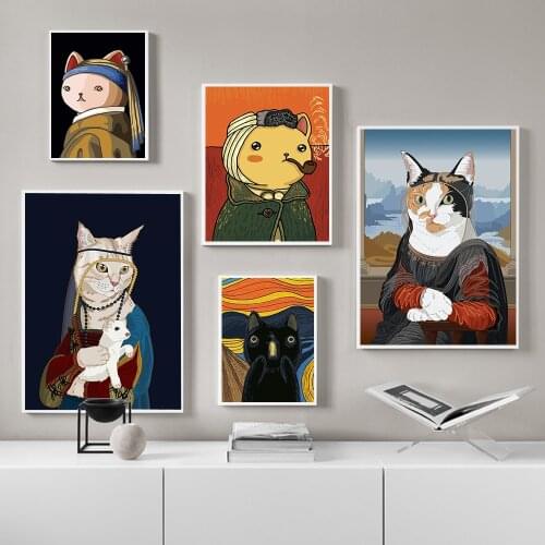 Vincent Cartoon Cat Lady Canvas Poster Monalisa Funny Print Painting The Cat in Pearl Earring Wall Art Pictures Kids Room Decor